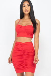 Ruched Crop Top And Skirt Sets
