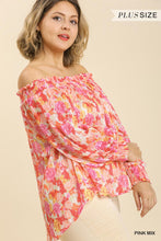Load image into Gallery viewer, Sheer Floral Print Metallic Threading Long Sleeve Off Shoulder Top With High Low Hem
