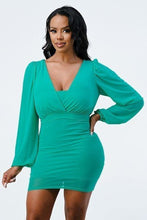 Load image into Gallery viewer, Lux Mesh Layered Lining V Neck Bubble Slv Bodycon Dress
