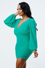 Load image into Gallery viewer, Lux Mesh Layered Lining V Neck Bubble Slv Bodycon Dress
