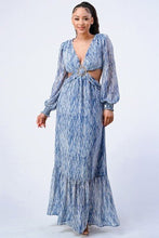 Load image into Gallery viewer, Printed V Neck Self Belted Side Cut Out Ruffled Maxi Dress
