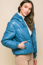 Load image into Gallery viewer, Pu Faux Leather Zipper Hooded Puffer Jacket
