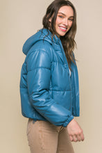 Load image into Gallery viewer, Pu Faux Leather Zipper Hooded Puffer Jacket
