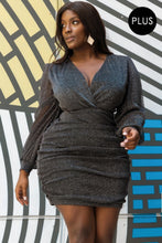Load image into Gallery viewer, Glitter Mesh Shirring Side Plus Mini Dress
