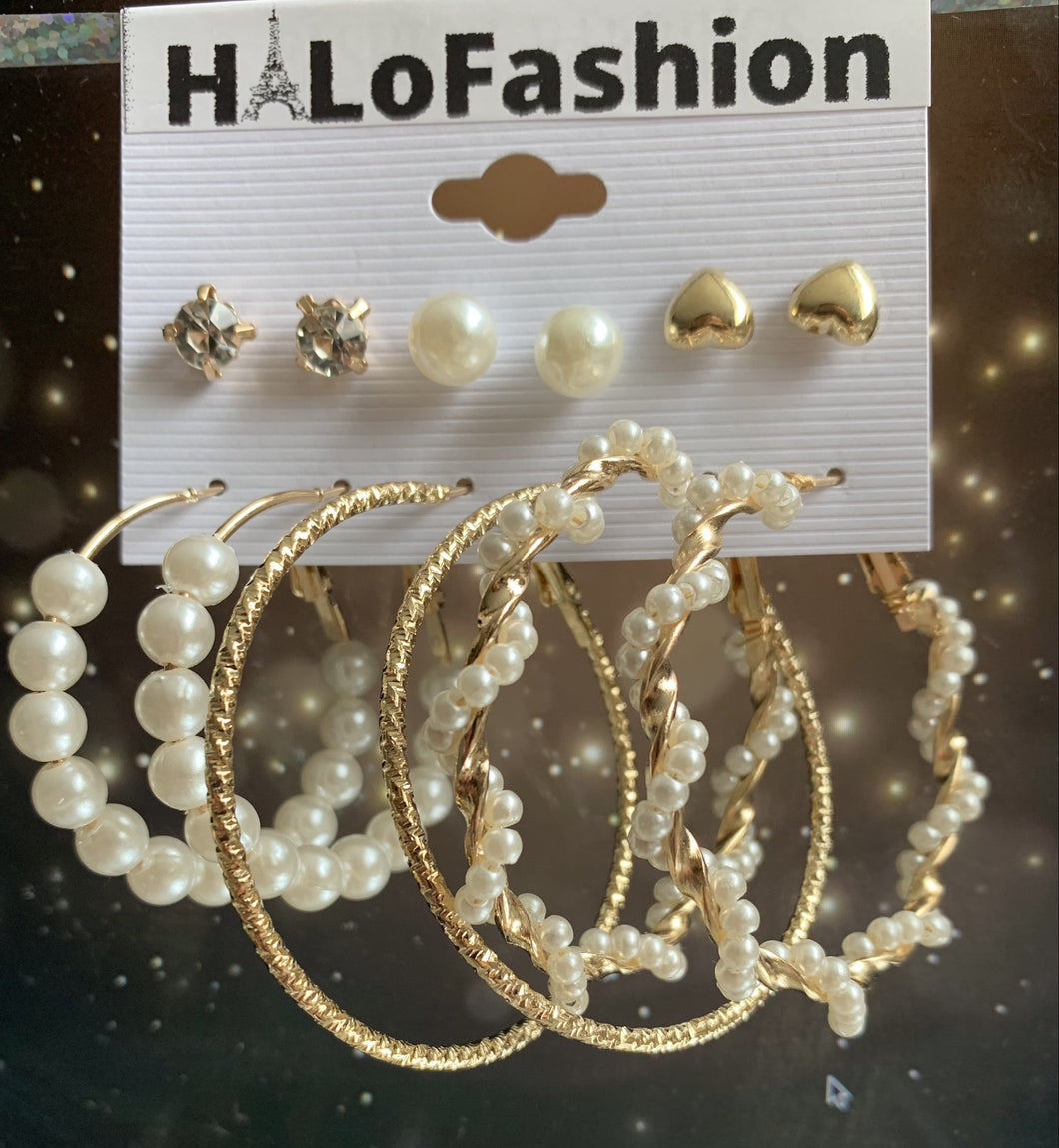 Loop Hoop Gold Metal Pearl Set Earrings