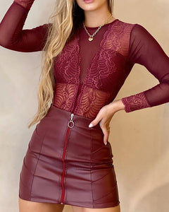 Guipure Lace long Sleeve Top & PU Leather Skirt set S-XL