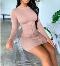 Load image into Gallery viewer, Solid Eyelet Lace-Up Bodycon Turtle neck Dress
