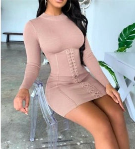 Solid Eyelet Lace-Up Bodycon Turtle neck Dress