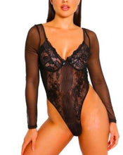 Load image into Gallery viewer, Sexy Long Sleeve Black Sheer Lace Bodysuit
